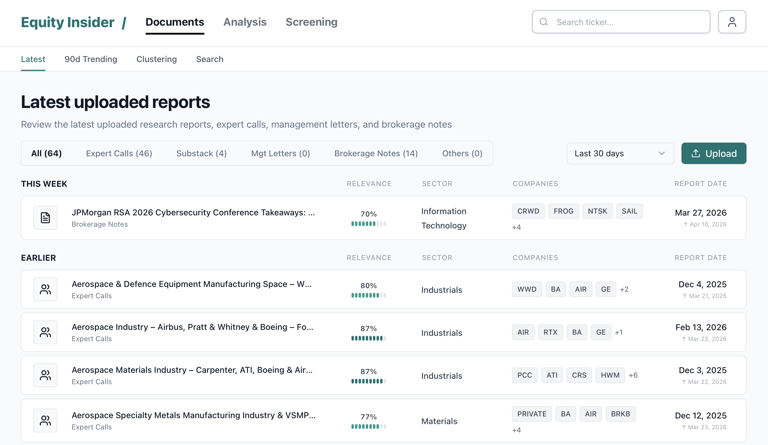 Latest uploaded reports screen