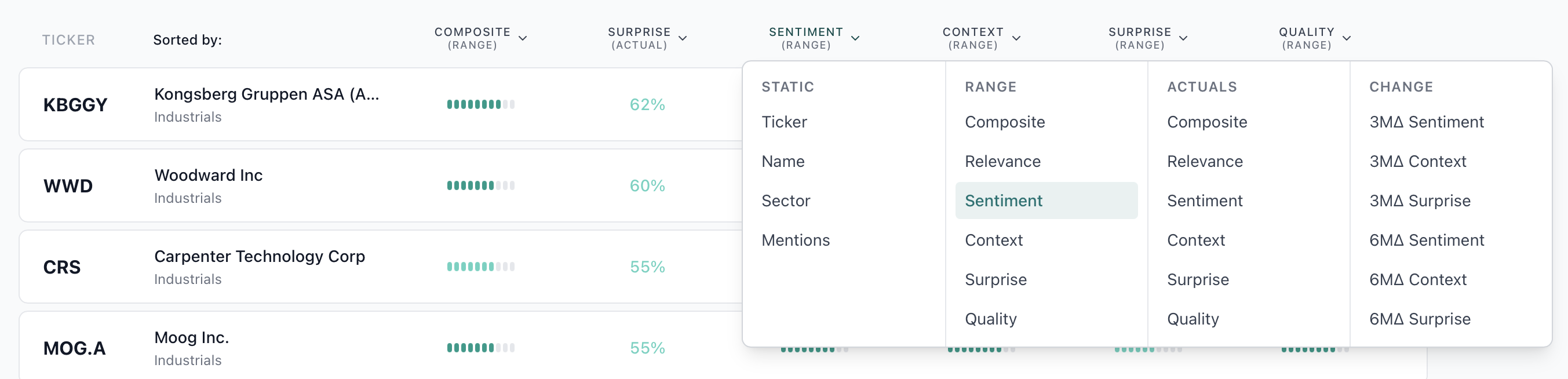 Ranking column picker menu